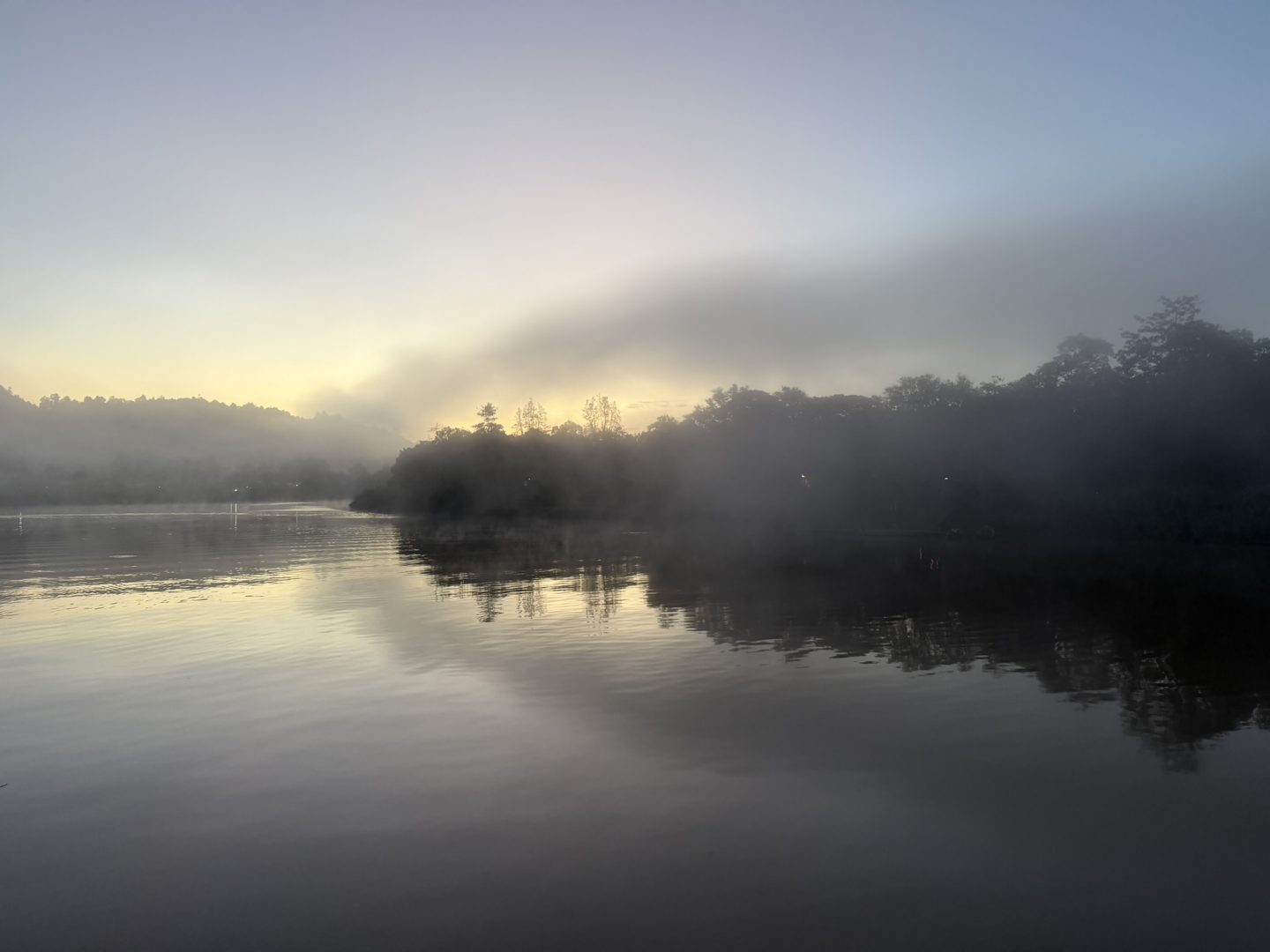 Morning mist over the Kinabatangan River surrounded by rainforest