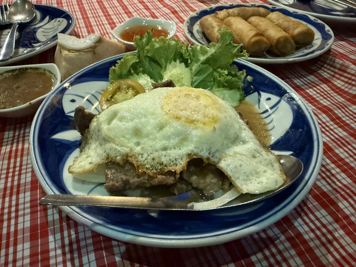 Beef lok lak with rice and fried egg in Siem Reap