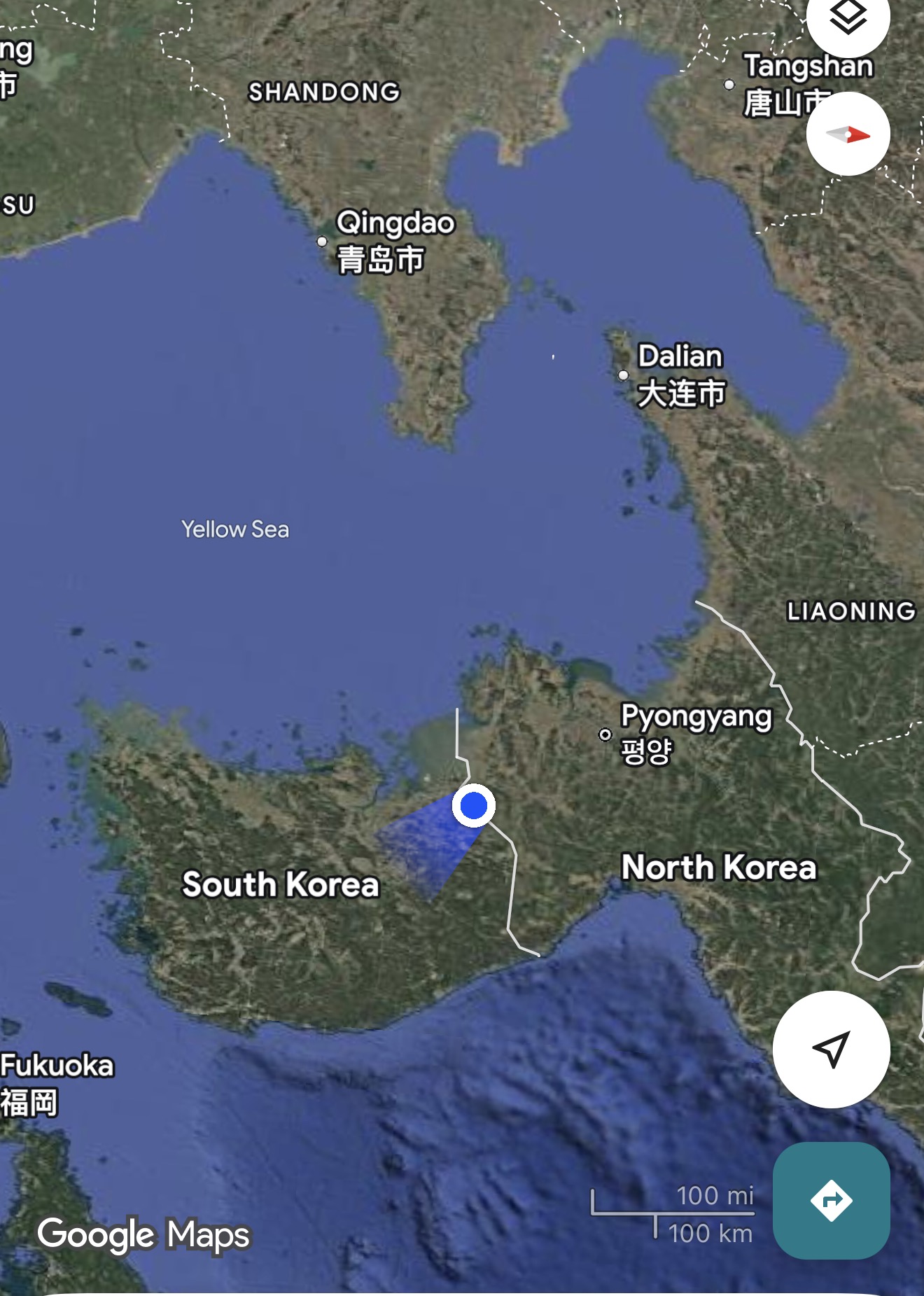 Google Maps view showing the DMZ between South Korea and North Korea