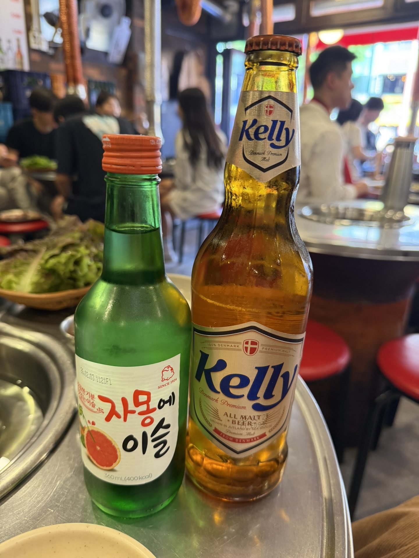 Grapefruit soju and Kelly lager served with Korean barbecue