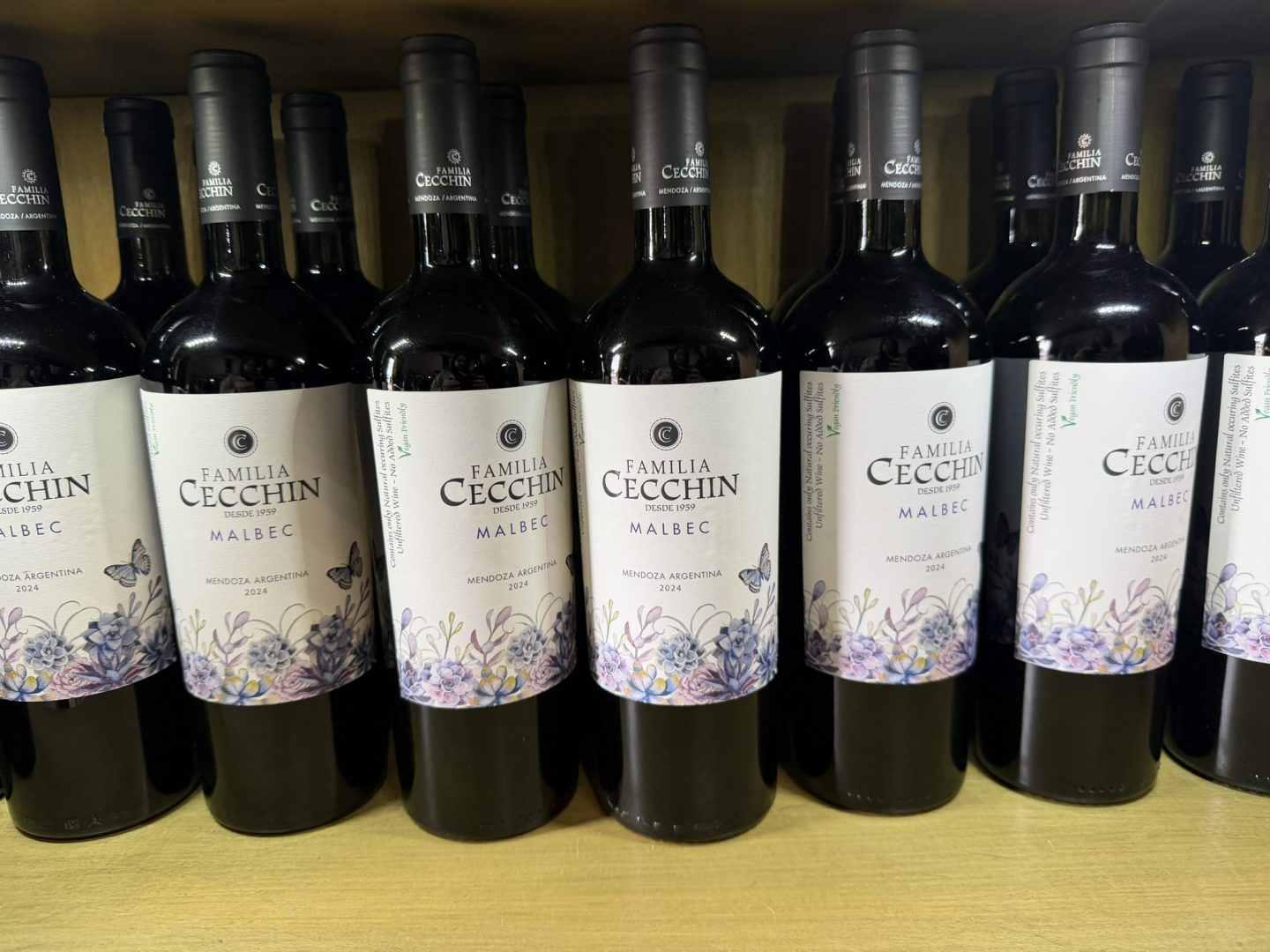 Familia Cecchin organic Malbec bottles at the winery in Mendoza, Argentina