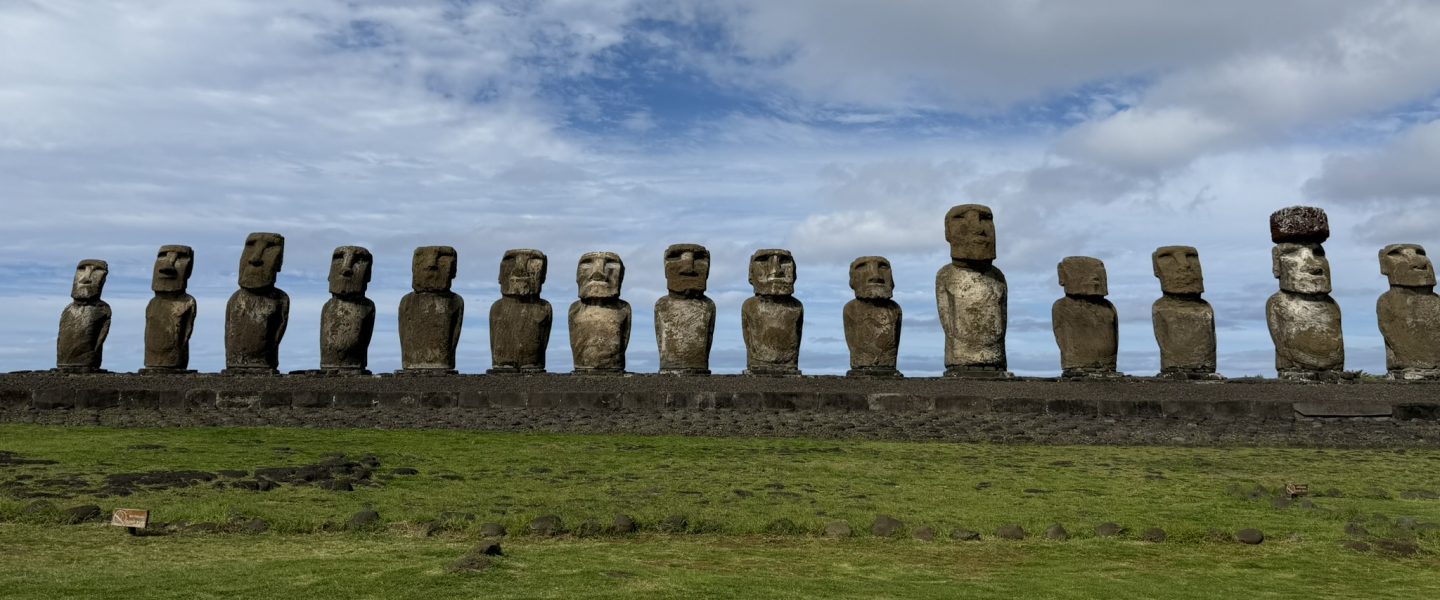 15 moai standing on the ceremonial platform at Ahu Tongariki on Rapa Nui