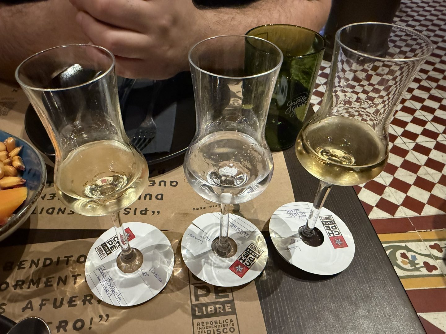 Pisco tasting flight at Chipe Libre in Santiago