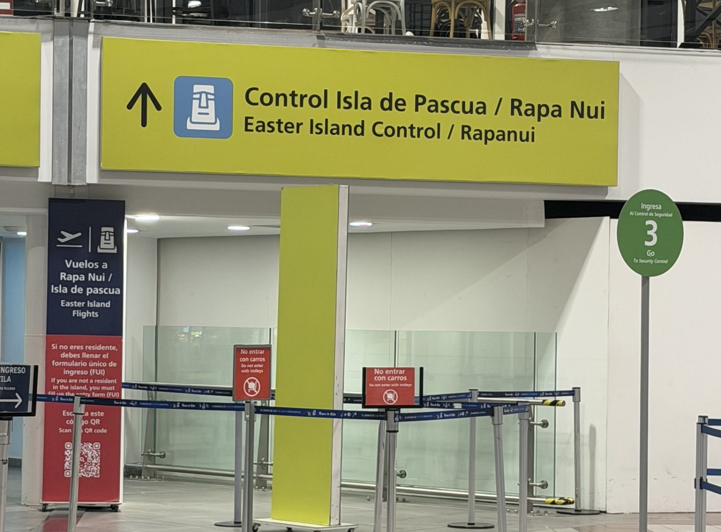 Rapa Nui departure control signs at Santiago Airport for Easter Island flights