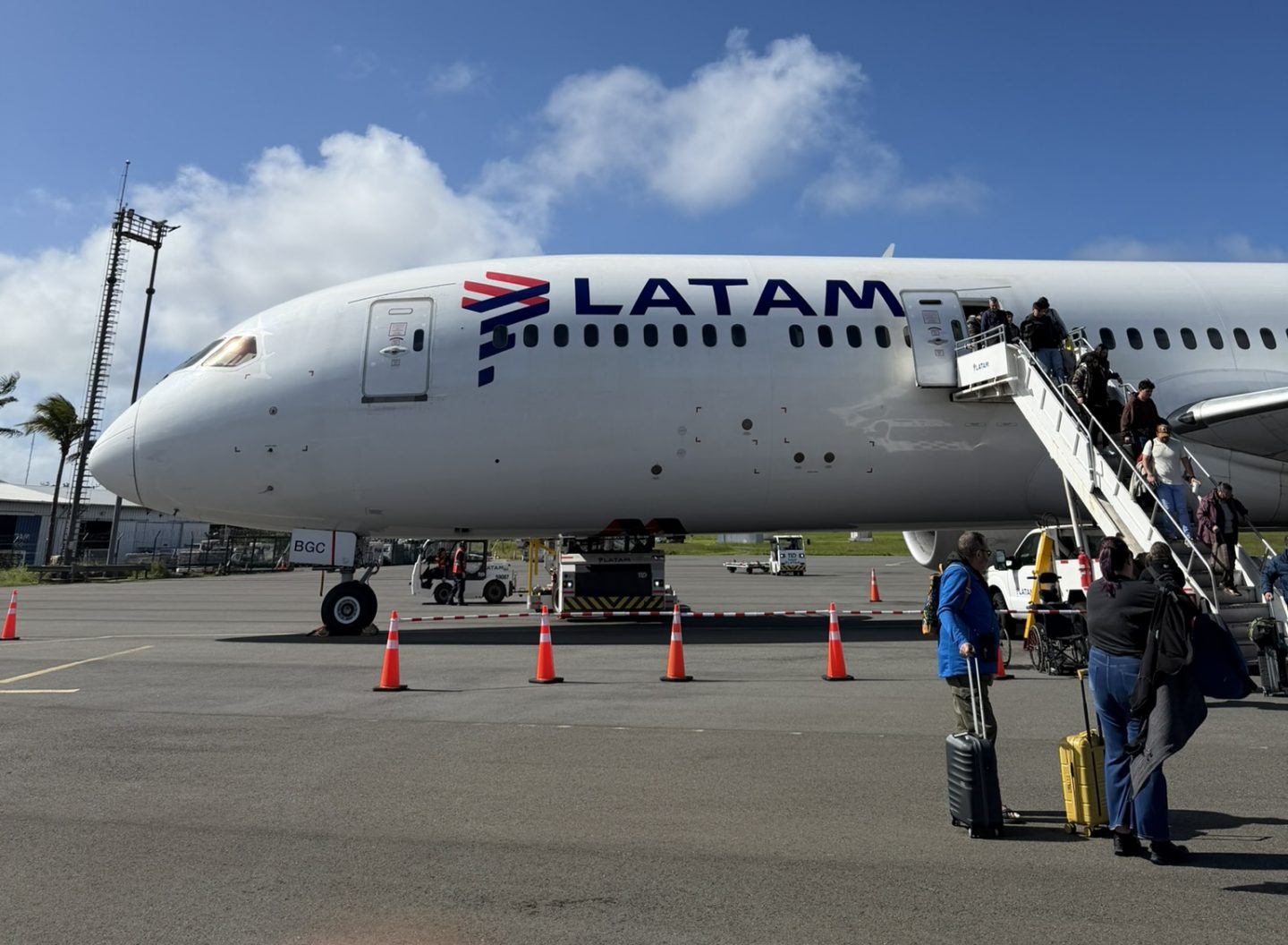 : LATAM Airlines plane boarding for a flight to Easter Island, Rapa Nui