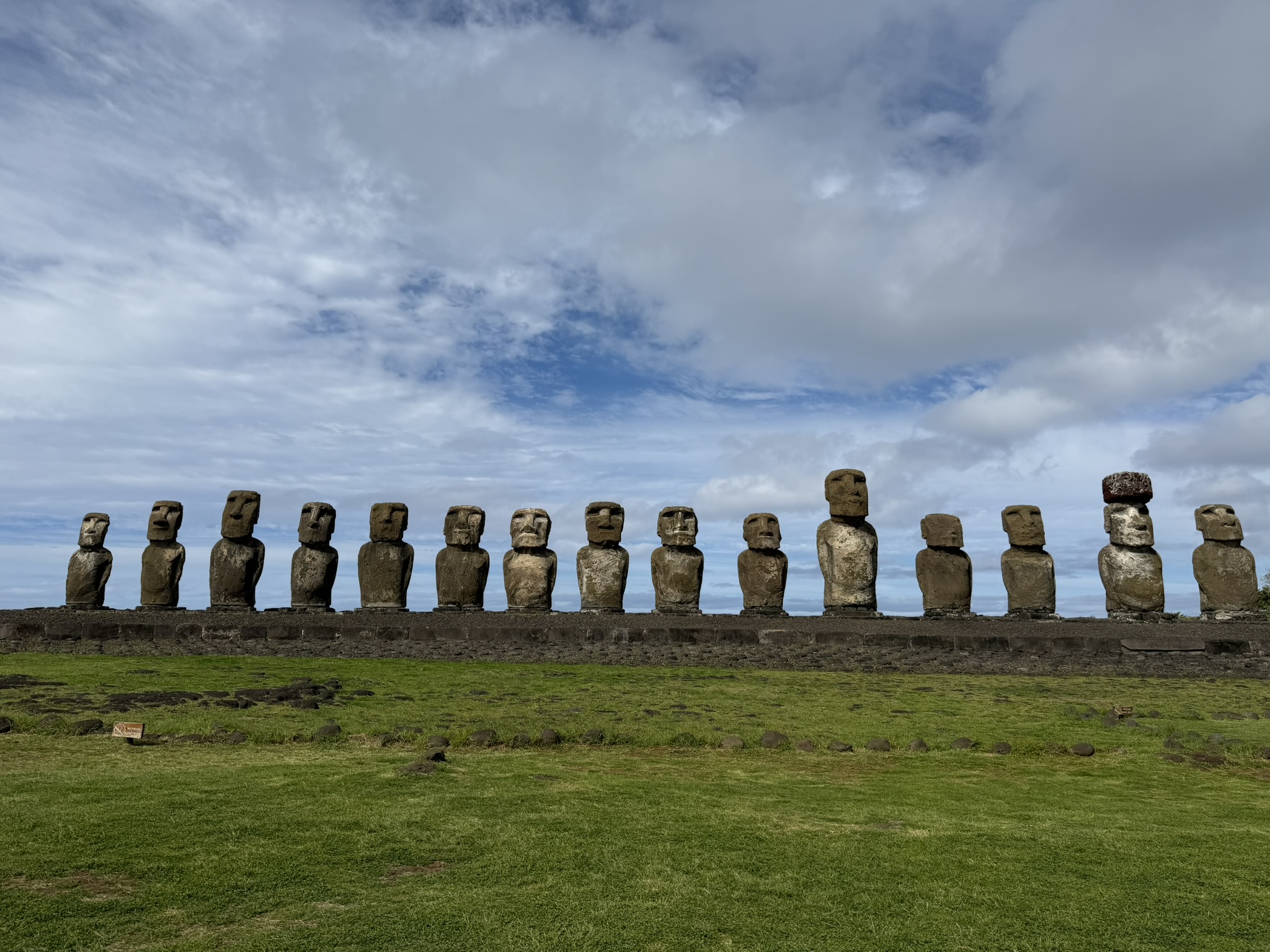 15 moai standing on the ceremonial platform at Ahu Tongariki on Rapa Nui