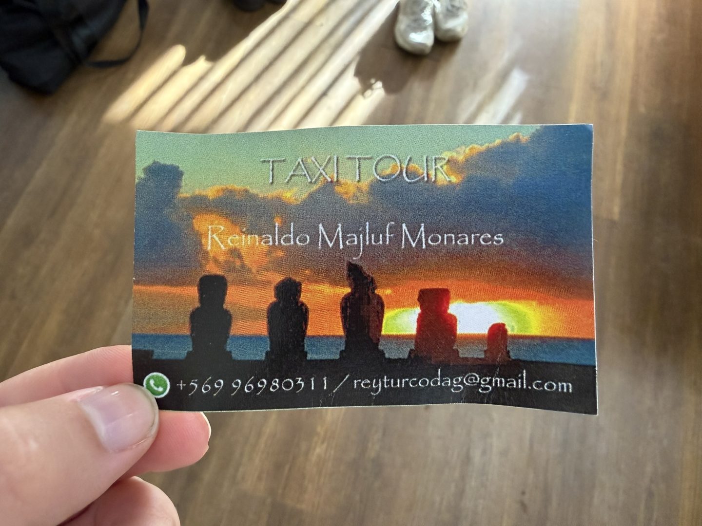 Taxi tour business card for our driver Reinaldo Majluf Monares on Easter I